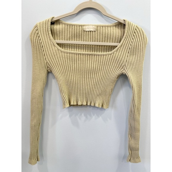 Altar'd State Beige Women's Ribbed Knit Long Sleeve Square Neck Cropped Top S - Picture 2 of 8